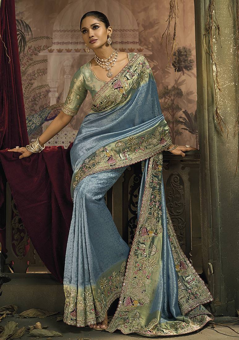 Light blue silk blend wedding saree with cut dana, embroidered, moti and zari work