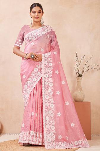 pink silk saree with heavy sequin resham embroidery