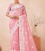 pink silk saree with heavy sequin resham embroidery