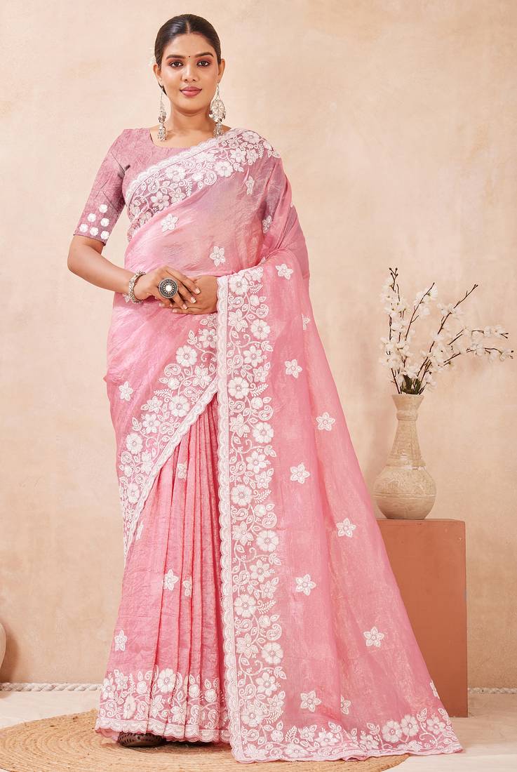 pink silk saree with heavy sequin resham embroidery