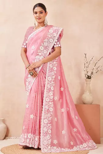 pink silk saree with heavy sequin resham embroidery
