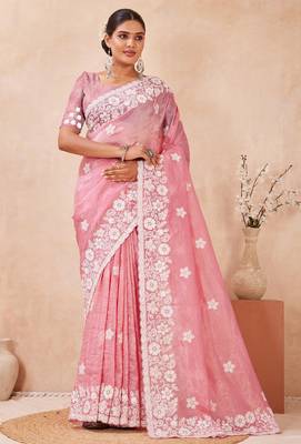 pink silk saree with heavy sequin resham embroidery 3