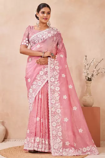 pink silk saree with heavy sequin resham embroidery