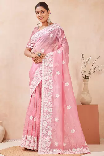 pink silk saree with heavy sequin resham embroidery