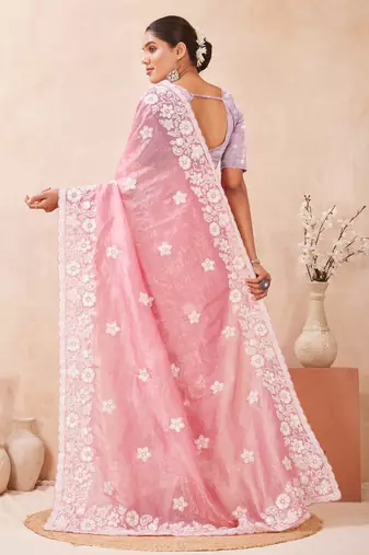 pink silk saree with heavy sequin resham embroidery