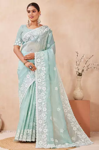 sea green silk saree with sequin resham embroidery