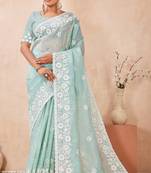 sea green silk saree with sequin resham embroidery