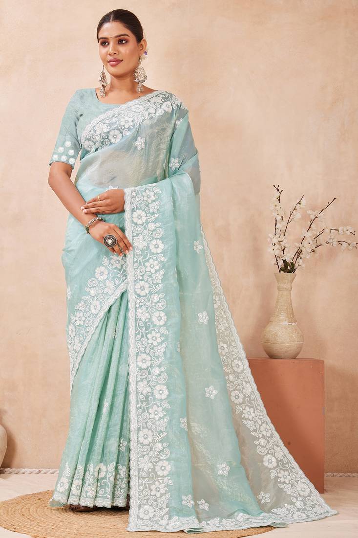 sea green silk saree with sequin resham embroidery