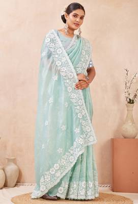 sea green silk saree with sequin resham embroidery 2