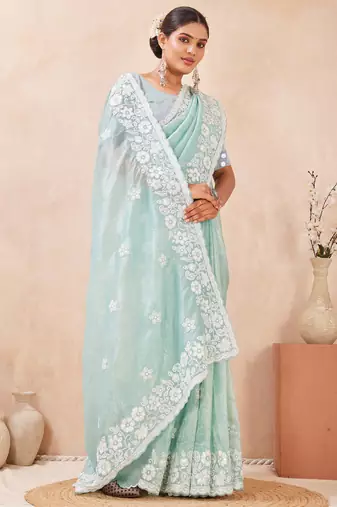 sea green silk saree with sequin resham embroidery