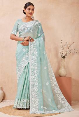 sea green silk saree with sequin resham embroidery 3