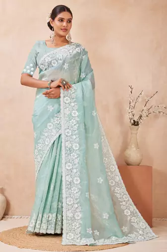 sea green silk saree with sequin resham embroidery
