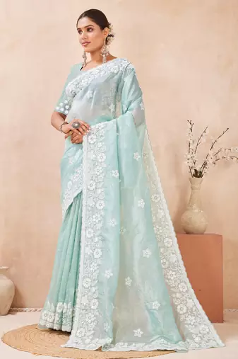 sea green silk saree with sequin resham embroidery