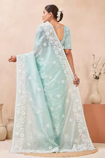 sea green silk saree with sequin resham embroidery