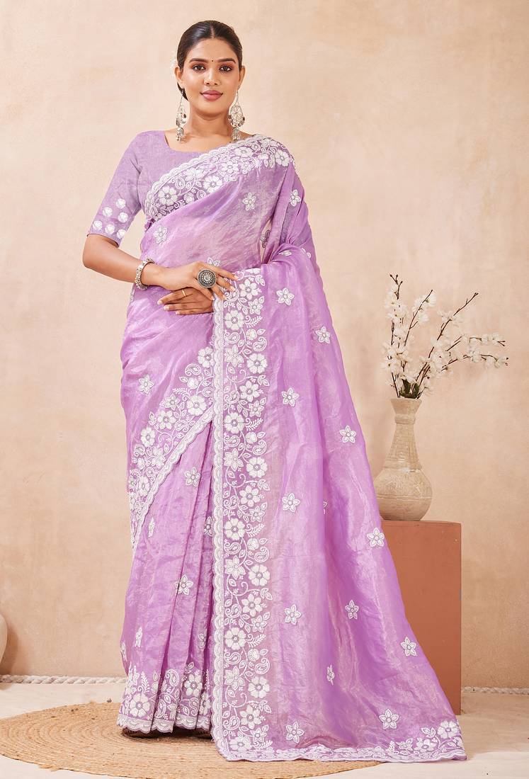 purple silk saree with heavy sequin resham embroidery