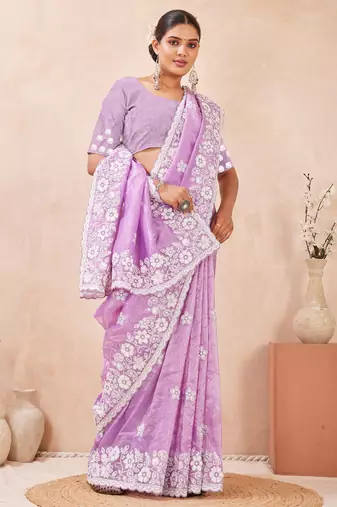 purple silk saree with heavy sequin resham embroidery