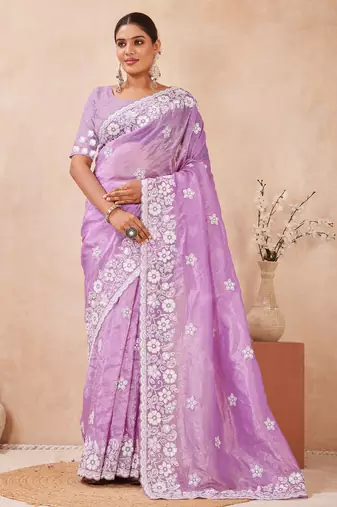 purple silk saree with heavy sequin resham embroidery