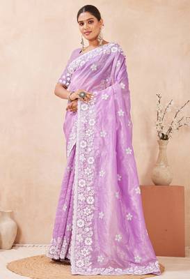 purple silk saree with heavy sequin resham embroidery 4