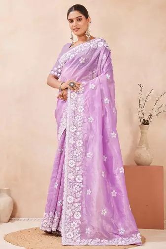 purple silk saree with heavy sequin resham embroidery