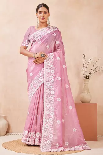 pink heavy sequin resham embroidery work crush silk blend saree for women and girls