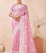 pink silk saree with heavy sequin resham embroidery