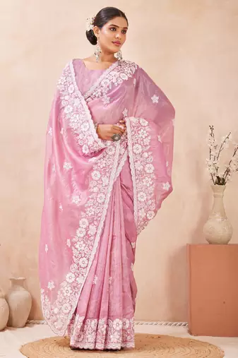 pink silk saree with heavy sequin resham embroidery