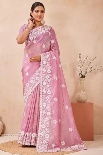 pink silk saree with heavy sequin resham embroidery