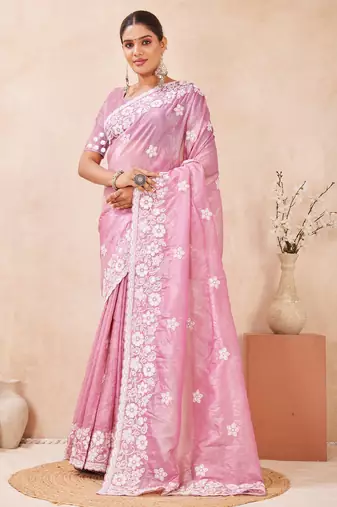 pink silk saree with heavy sequin resham embroidery