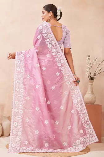 pink silk saree with heavy sequin resham embroidery