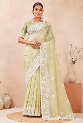 green silk saree with heavy sequin resham embroidery 1