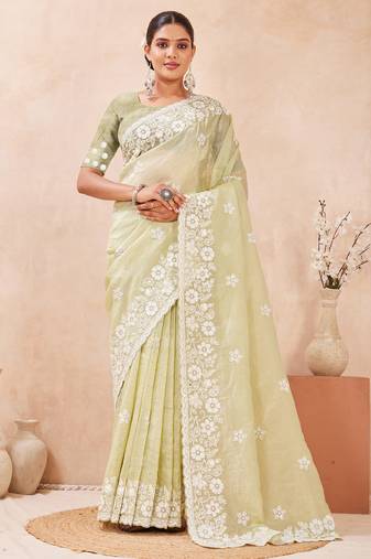 green silk saree with heavy sequin resham embroidery