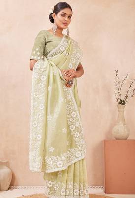 green silk saree with heavy sequin resham embroidery 2