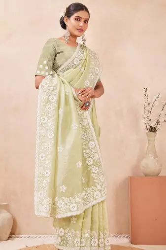 green silk saree with heavy sequin resham embroidery