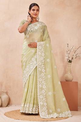 green silk saree with heavy sequin resham embroidery 3