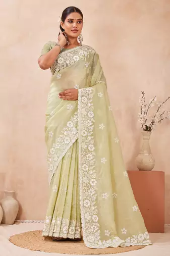 green silk saree with heavy sequin resham embroidery