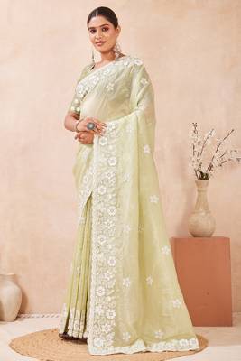 green silk saree with heavy sequin resham embroidery 4