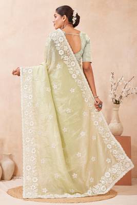 green silk saree with heavy sequin resham embroidery 5