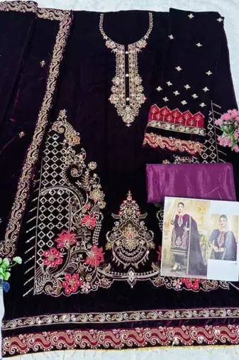 Maroon velvet suit with embroidered zarkan 