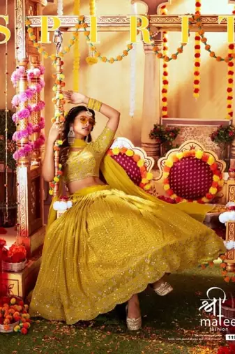 Yellow georgette semi stitched lehenga choli with sequence & thread work