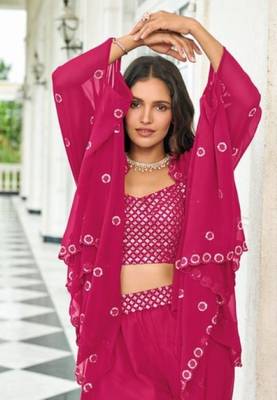 Red georgette free size stitched shrug suit with sequin thread  2