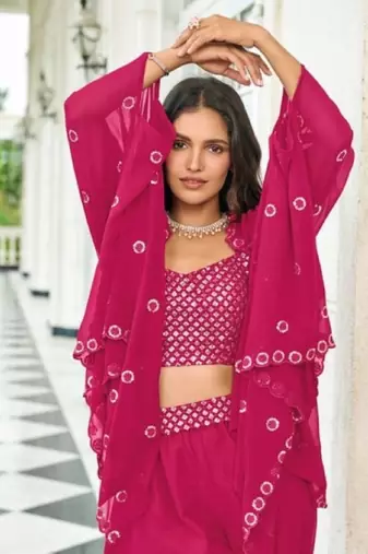 Red georgette free size stitched shrug suit with sequin thread 