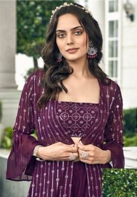 Purple georgette free size stitched shrug suit with sequin thread  3