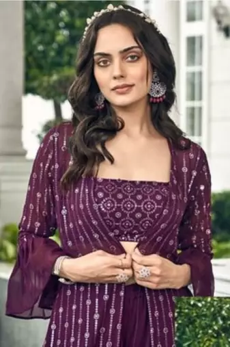 Purple georgette free size stitched shrug suit with sequin thread 