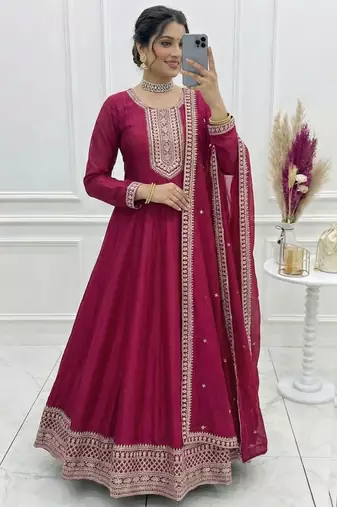 pink silk anarkali suit with sequins embroidery