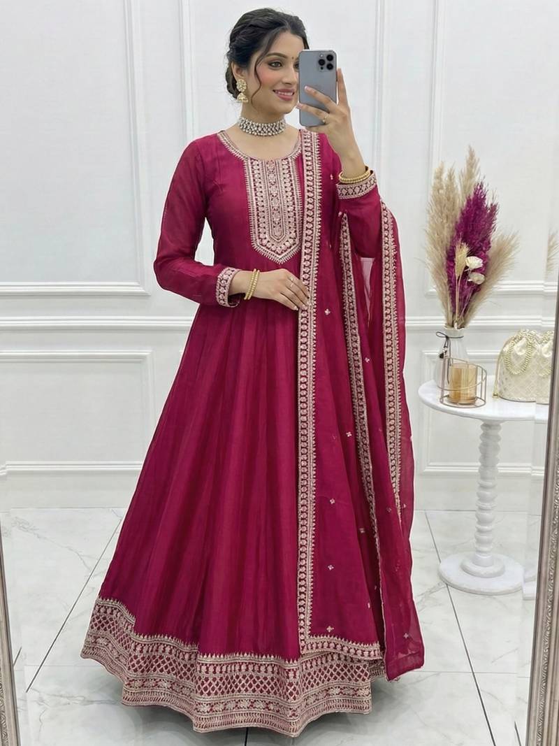 pink silk anarkali suit with sequins embroidery