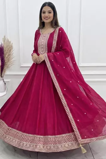 pink silk anarkali suit with sequins embroidery