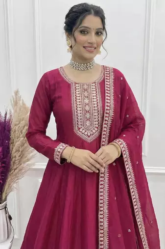 pink silk anarkali suit with sequins embroidery