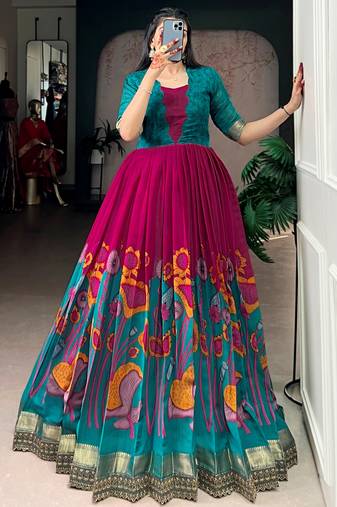 pink silk festival gown with floral & zari work