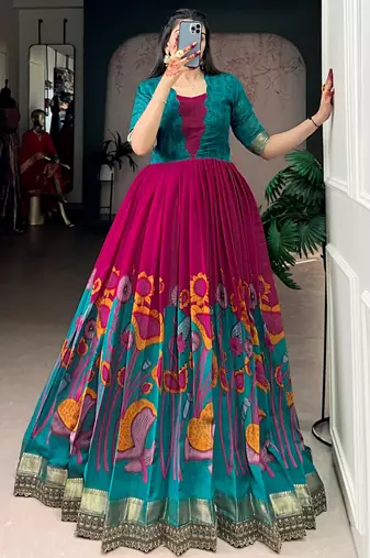 pink silk festival gown with floral & zari work