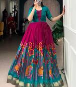 pink silk festival gown with floral & zari work